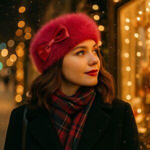 Pink Angora Beret Hat Satin Bow VTG Fuzzy Raspberry French Style 50s 60s Winter